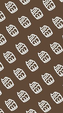 Seamless pattern of hand-drawn cupcakes on abstract vertical brown background animation with cake cupcake muffin doodle line art wallpaper for dessert backdrop design. Seamless looping.