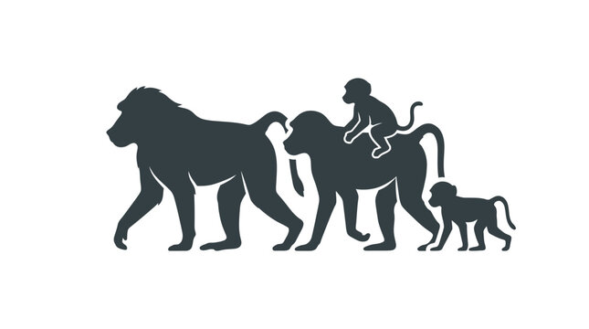 Baboon family troop walking silhouette vector illustration isolated on white background