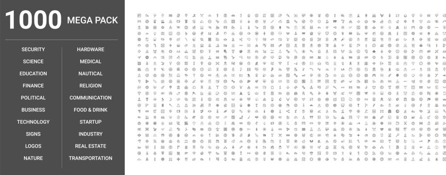 Big set of 1000 thin line web icons such as Medical, Business, Food,drink, Technology, Nature, Security, Real estate, Science, Industry, Religion, Nautical, Startup, Political, Signs, Hardware
