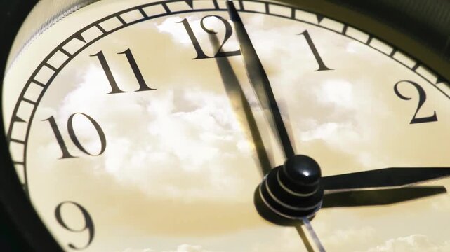 Old analog wall clock face on black background representing time, hours, minutes, seconds, business deadline, countdown and time management concept