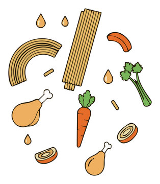 Healthy chicken noodle soup ingredients floating on .... Generative AI