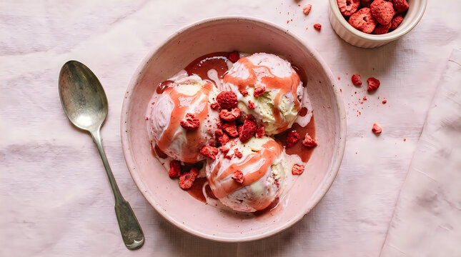 Strawberry swirl ice cream with freeze dried raspberries in a pink ceramic bowl
