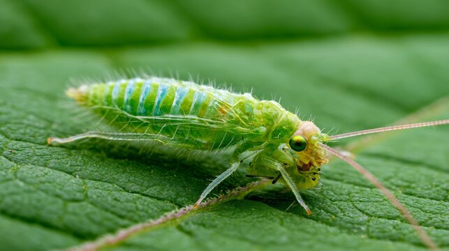 Lacewing Larva Feeding on Aphid on Green Leaf - Natural Pest Control