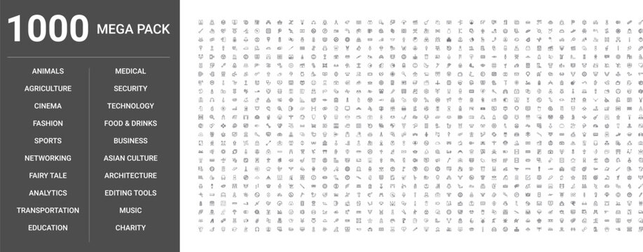 Big set of 1000 thin line web icons such as Technology, Food,drinks, Business, Music, Medical, Education, Animals, Fashion, Transportation, Architecture, Sports, Security, Cinema, Agriculture