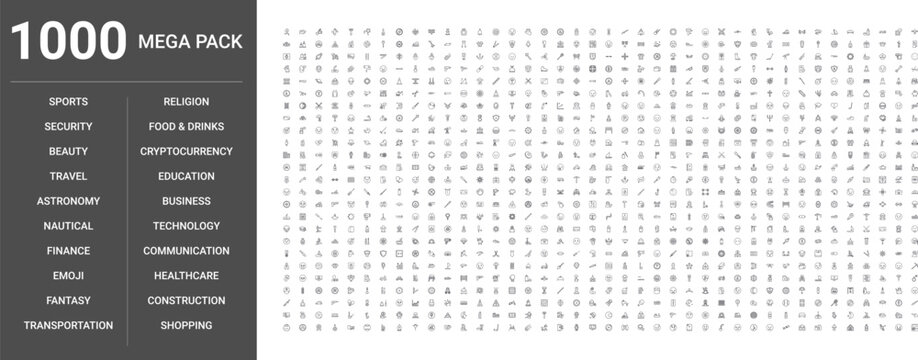 Big set of 1000 thin line web icons such as Business, Construction, Sports, Finance, Healthcare, Technology, Transportation, Food,drinks, Education, Communication, Shopping, Travel, Emoji, Beauty