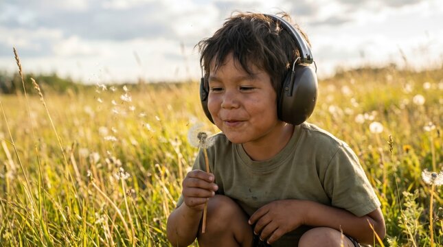Indigenous Child with Headphones Enjoys Dandelion, Disability Pride Month