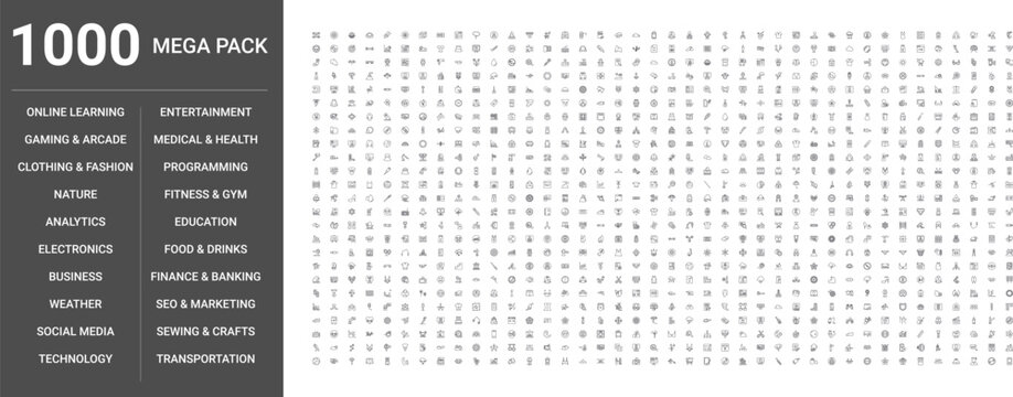 Big set of 1000 thin line web icons such as Weather, Entertainment, Education, Business, Nature, Technology, Fitness,gym, Analytics, Programming, Seo,marketing, Online learning, Clothing,