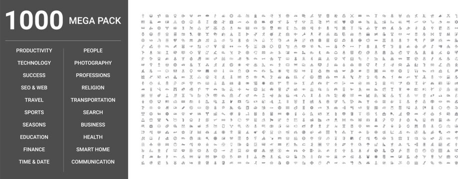 Big set of 1000 thin line web icons such as Travel, Technology, Transportation, Sports, People, Business, Time,date, Professions, Productivity, Smart home, Seo,web, Photography, Search, Success