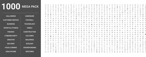 Fototapeta premium Big set of 1000 thin line web icons such as Delivery, Business, Construction, Finance, Technology, Food,drinks, Sports,fitness, Healthcare, Ecology, Buildings, Customer service, Gestures