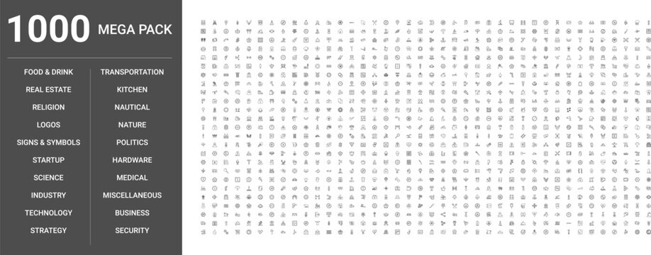 Big set of 1000 thin line web icons such as Nature, Medical, Technology, Real estate, Business, Food,drink, Security, Science, Signs,symbols, Religion, Transportation, Industry, Politics