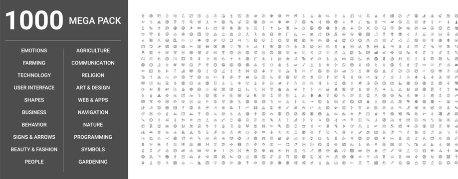 Big set of 1000 thin line web icons such as Shapes, People, Business, Technology, User interface, Web,apps, Symbols, Emotions, Nature, Agriculture, Gardening, Farming, Art,design, Beauty,