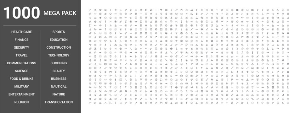Big set of 1000 thin line web icons such as Technology, Beauty, Construction, Finance, Business, Sports, Healthcare, Transportation, Food,drinks, Education, Communications, Shopping, Travel