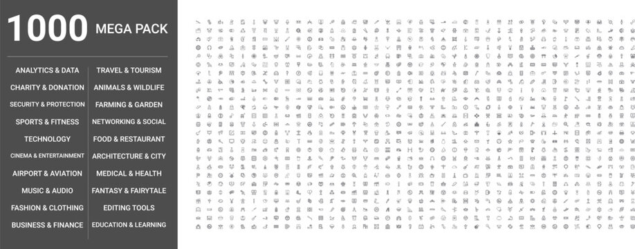 Big set of 1000 thin line web icons such as Food,restaurant, Technology, Education,learning, Medical,health, Travel,tourism, Business,finance, Architecture,city, Music,audio, Security,