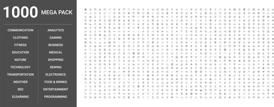 Big set of 1000 thin line web icons such as Weather, Fitness, Business, Technology, Education, Entertainment, Nature, Clothing, Programming, Analytics, Seo, Gaming, Electronics, Elearning, Sewing