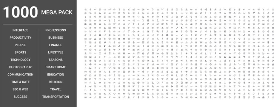 Big set of 1000 thin line web icons such as Sports, Technology, Travel, People, Transportation, Business, Professions, Productivity, Photography, Time,date, Smart home, Seo,web, Religion