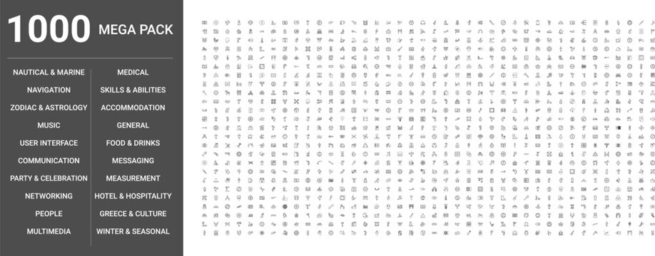 Big set of 1000 thin line web icons such as User interface, Multimedia, Networking, Music, Medical, People, Communication, Hotel,hospitality, Food,drinks, Party,celebration, Winter,seasonal