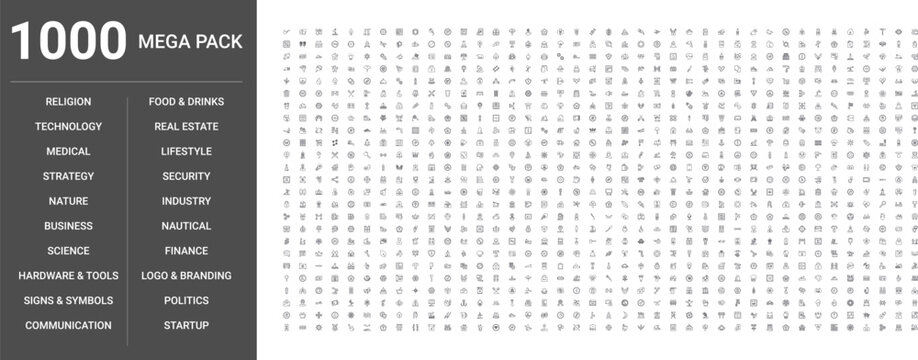 Big set of 1000 thin line web icons such as Medical, Technology, Real estate, Business, Food,drinks, Nature, Security, Science, Signs,symbols, Religion, Nautical, Industry, Politics, Hardware,