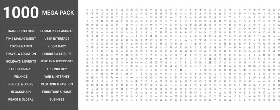 Big set of 1000 thin line web icons such as Finance, Transportation, Technology, Food,drinks, User interface, Business, Time management, Clothing,fashion, Web,internet, Toys,games