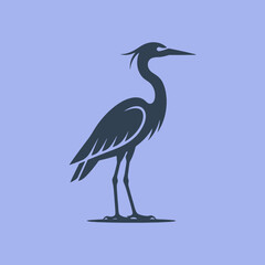 Fototapeta premium A dark blue heron silhouette stands on a light purple background