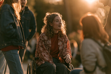 Fototapeta premium Wheelchair User Chatting with Friends in a Sunny Park, Inclusive Lifestyle