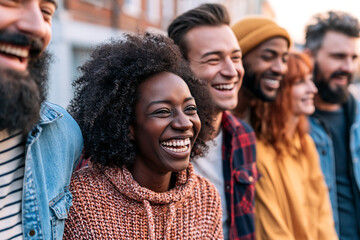 Fototapeta premium Candid Group of Diverse Young Adults Laughing Together in Natural Daylight