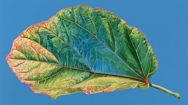 Vibrant Coccoloba uvifera Sea Grape Plant Leaf Close-up on Blue Background