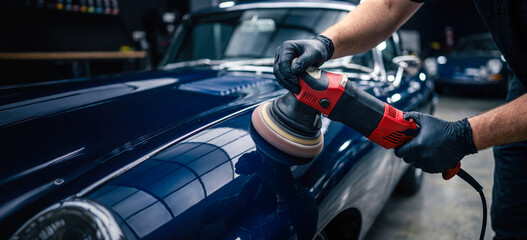 Obraz premium A worker uses a polishing tool on the surface of a blue car in a garage. The car's condition is being improved for better presentation and sale. The setting takes place during the day