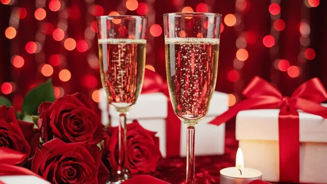 Two champagne flutes with bubbles on red tablecloth, surrounded by red roses, white gift boxes with ribbons, and lit candles against red bokeh background lights for celebration.