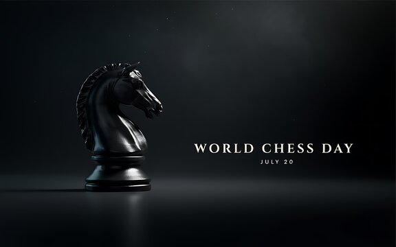 Black chess knight on dark background for world chess day
