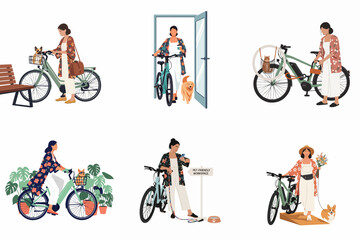 Obraz premium Set of flat illustrations featuring a modern woman commuting and traveling with her pets using a bicycle in various urban and pet-friendly settings.