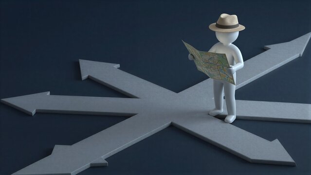 White figure with hat stands at crossroads, holding map to choose one path among many arrows.