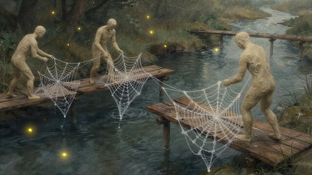 Three stone figures weave giant spiderwebs across a misty wooden bridge over dark water.