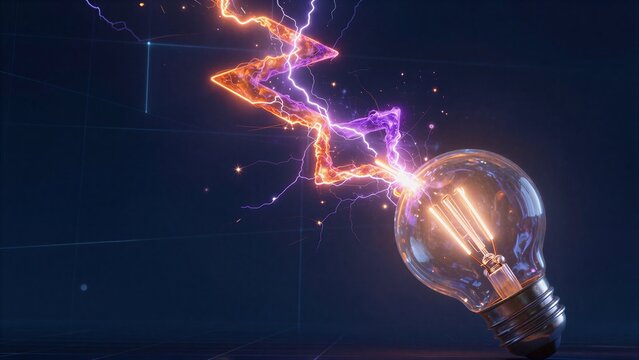 Electricity strikes a glowing bulb, illuminating futuristic grid background.