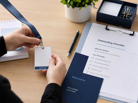 Hands attach a blank employee badge beside an onboarding checklist folder and pen on a clean office desk for new hire orientation company training and human resources preparation tasks