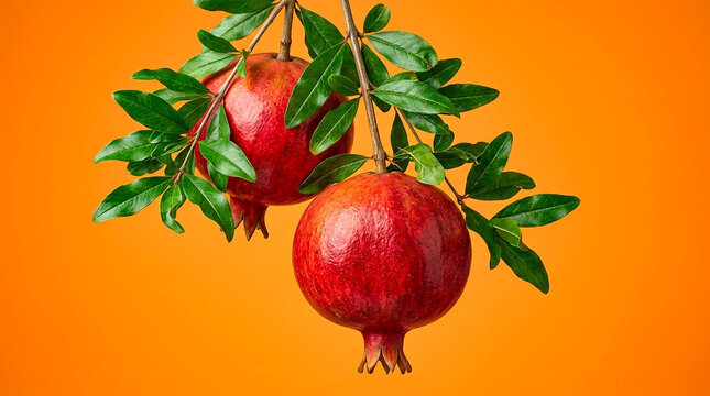 Two ripe red pomegranates hanging on branch with green leaves against orange background