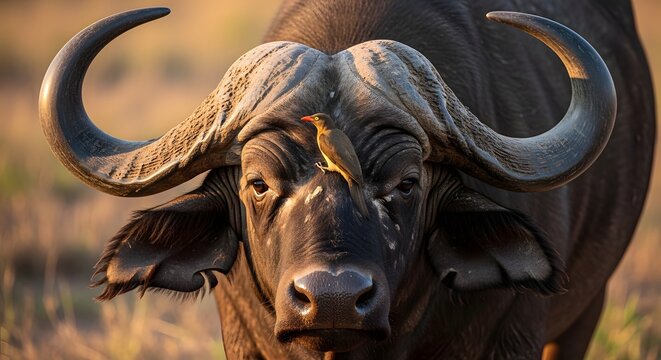 A mighty Cape buffalo with a small bird on its forehead