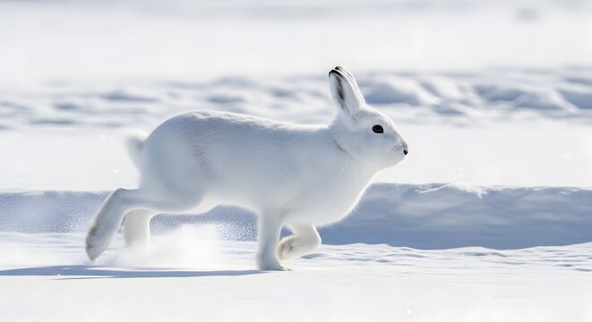A white snowshoe hare running quickly across a snowy landscape