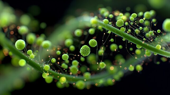 Close-up of small green biological cells and particles on a stem, suggesting growth and life in a microscopic world