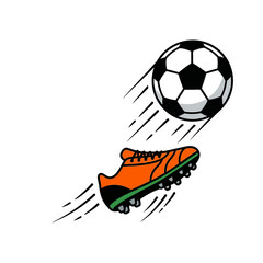 Orange soccer cleat kicking football ball in motion illustration