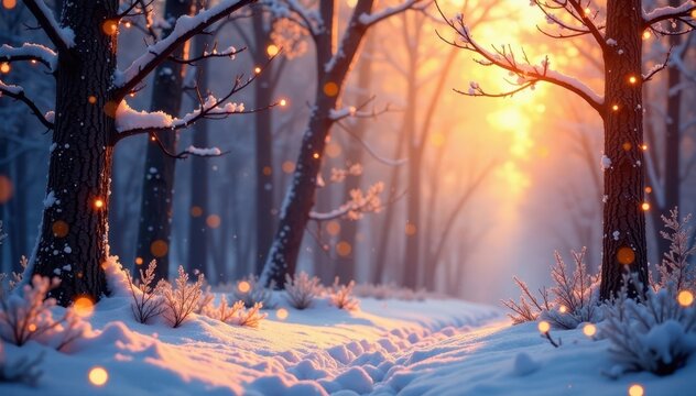 Warm Winter Woodland Scene with Twinkling Lights Border , wood, decoration, winter
