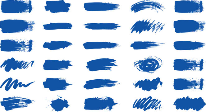 Blue Paint Brush Stroke Vector Elements Set with Grunge Textures, Ink Splatters, Swashes, and Artistic Acrylic Smudges for Graphic Design Layouts