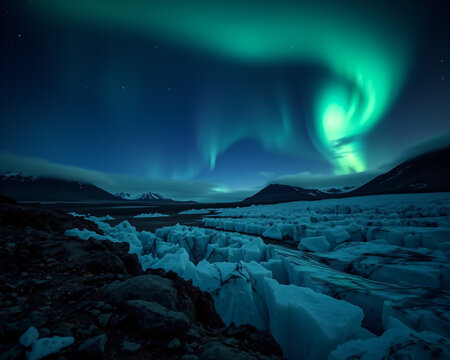 Aurore bor&eacute;ale spectaculaire de couleur verte tourbillonnant au-dessus d'un glacier &eacute;clair&eacute;, ph&eacute;nom&egrave;ne naturel fascinant dans un paysage arctique sauvage et envo&ucirc;tant