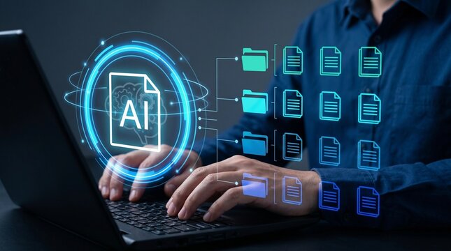 AI Text and Document Search System with Intelligent Semantic Retrieval. Businessman Using Knowledge Management Software on Laptop Computer