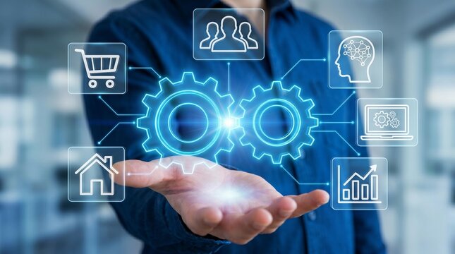 Enterprise API Integration with Real-Time Data Connectivity. Businessperson Holding Gear Icons for Application Integration System