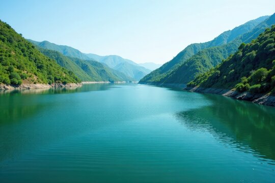Water surface of Arjun Sagar Dam surrounded by lush green Western Ghats mountains, India, Nature, Western Ghats