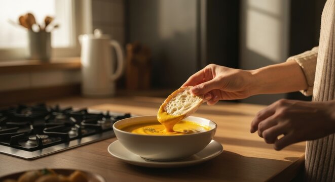 Cozy Kitchen Scene - Person Dipping Bread into Creamy Soup.