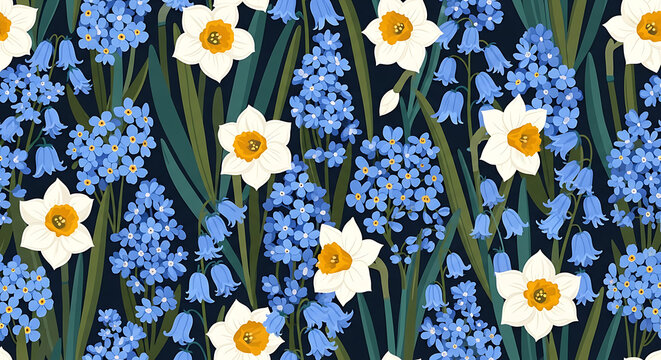 Spring floral pattern with blooming white daffodils and blue hyacinths daffodils hyacinths botanical seasonal background vegetation