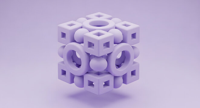 Close-up of a 3D geometric cube structure with interconnected rings in pastel purple tones