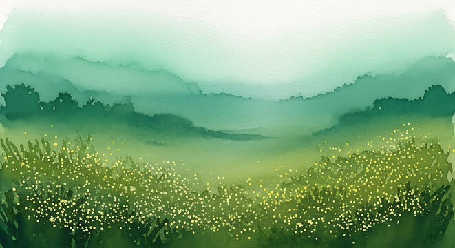 Watercolor painting of green meadow and rolling hills in foggy landscape with watercolor landscape painting peaceful environment tranquil wildlife botanical