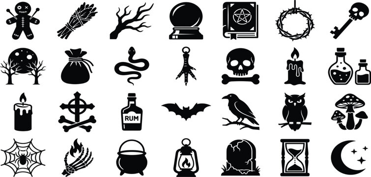 Witchcraft Magic and Occult Icon Set with Pentagram Grimoire Skull Crystal Ball Cauldron and Esoteric Voodoo Symbols for Halloween Graphic Vector Designs